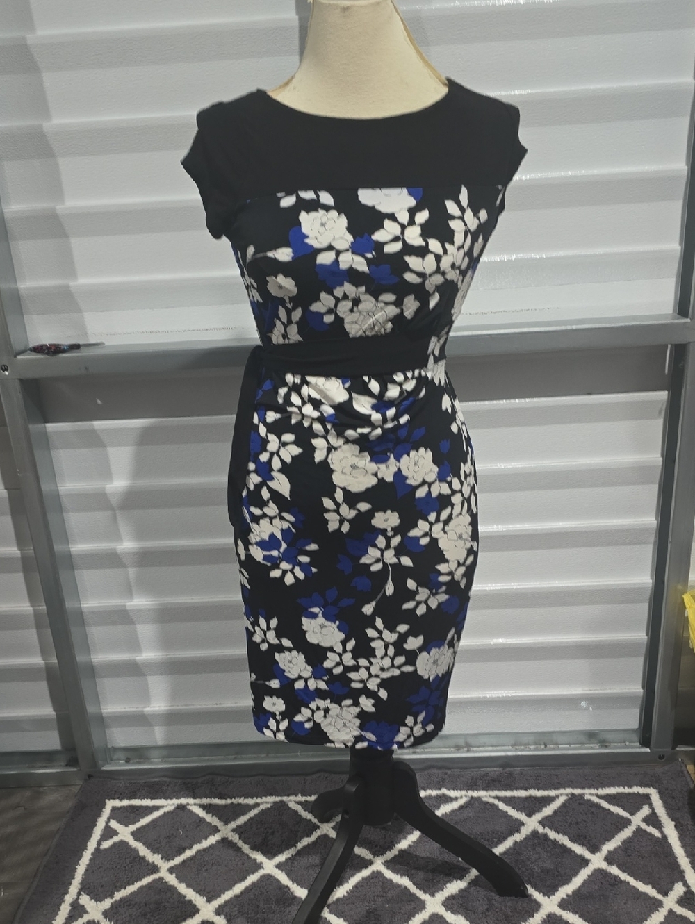 Motherhood Maternity Black Floral Midi Dress with Blue & White Blooms Size Small